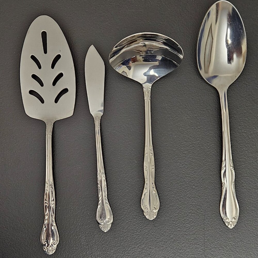 4 Stainless Serving Pcs: 3 National Korea - 1 Simeon I. & George H. Rogers Co.